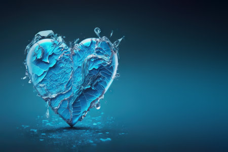 Heart made of ice broken into two parts, blue background. Generative AIの素材