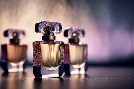 Collection of transparent multi color glass perfume bottles on a light background. Art composition still life. Stylish perfume banner. Generative AI.の素材