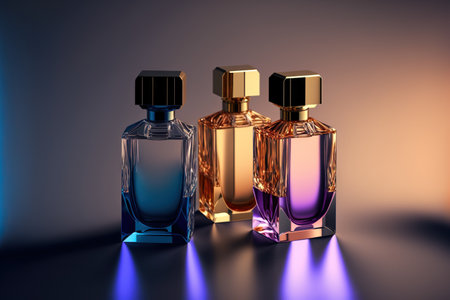 Collection of transparent multi color glass perfume bottles on a light background. Art composition still life. Stylish perfume banner. Generative AI.の素材