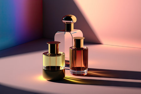 Collection of transparent multi color glass perfume bottles on a light background. Art composition still life. Stylish perfume banner. Generative AI.の素材