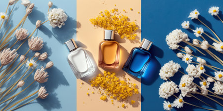 Bold trendy sunny summer transparent glass perfume bottles, stylish parfumerie banner. Generative AI.の素材