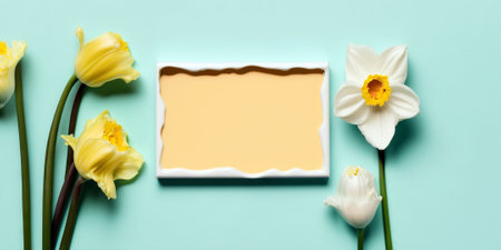 Empty frame surrounded by colorful spring flowers. Generative AI.の素材