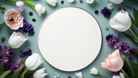 Empty frame surrounded by colorful spring flowers. Generative AI.の素材