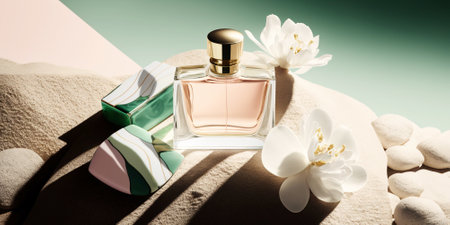 Fresh spring romantic image, stylish transparent glass perfume bottles. Stylish perfume banner. Generative AI.の素材