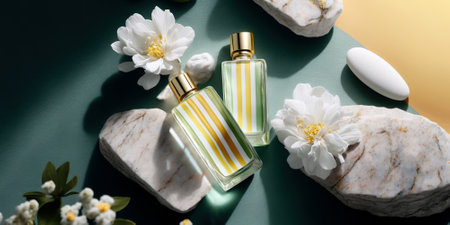 Bold trendy sunny summer transparent glass perfume bottles, stylish parfumerie banner. Generative AI.の素材
