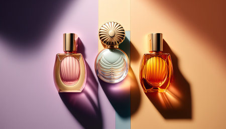 Collection of transparent multi color glass perfume bottles on a light background. Art composition still life. Stylish perfume banner. Generative AI.の素材