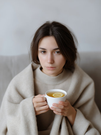 Portrait of a female with a cold or flu, holding a mug and sitting on a couch near a box of tissue, focusing on recovery.の素材