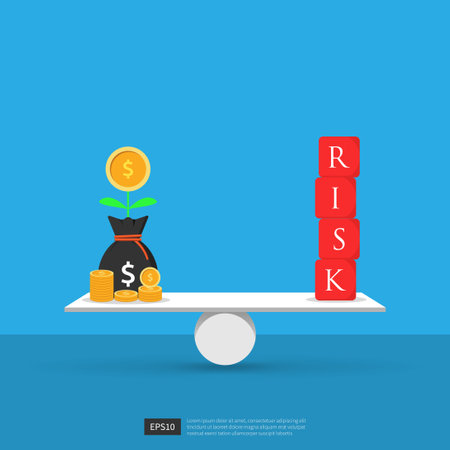 Risk analysis and management concept. Dollar and risk on basic balance scale vector illustrationのイラスト素材