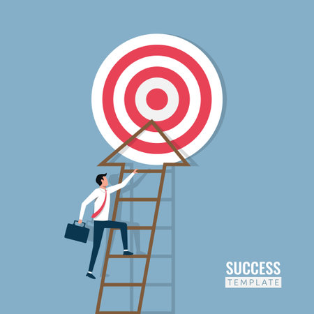 Businessman climbing the stair to target illustration. Success, challenge, career and leadership concept.のイラスト素材