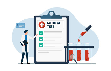 Medical test or blood check concept with blood test tube container and medical lab analysis form, doctor or healthcare taking blood sample and gives prescription drugsのイラスト素材