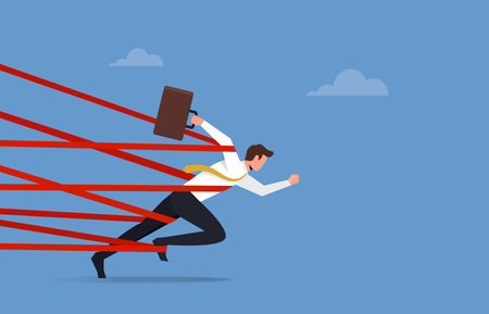 Business difficulty or struggle with career obstacle, businessman tied up with red tape trying to run away with full effort, limitation or challenge to overcome for being successのイラスト素材