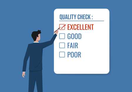 Businessman hand drawing a red check mark in one checkbox with excellent word, quality control or assurance approvalのイラスト素材