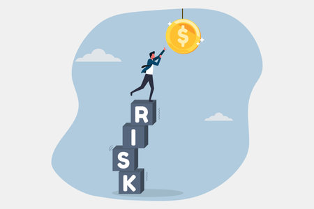 High risk high return concept, businessman stand on stacks of risk boxes to get reward, prospects of higher return in higher riskのイラスト素材