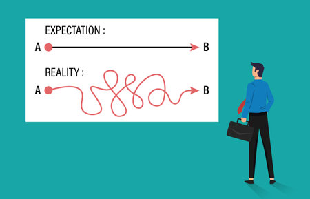 Expectation vs reality concept, way from point A to B, smooth route vs reality hard and rough, business metaphorのイラスト素材