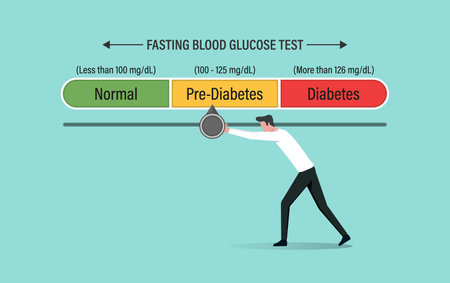 Fasting blood glucose test with level indicator, managing blood sugar to the normal, diabetes management and metabolic disorder in checkのイラスト素材