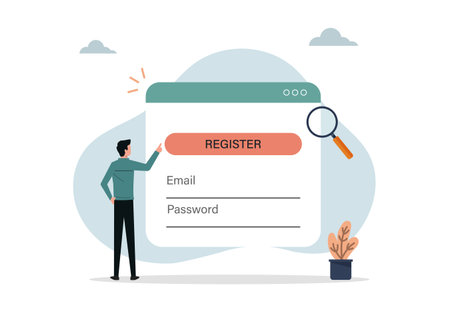 Online registration and sign up concept. A man signing up or login to online account with user interfaceのイラスト素材