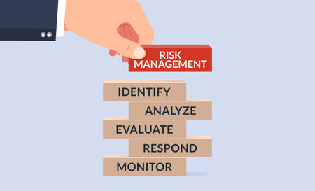Risk management process to prevent or minimize from potential losses. Hand hold wooden cubes with risk management wordのイラスト素材