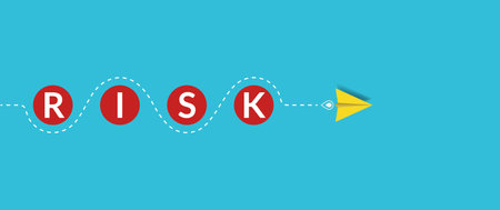 Paper plane comes around the obstacle of risk words. Risk avoidance in business concept.のイラスト素材