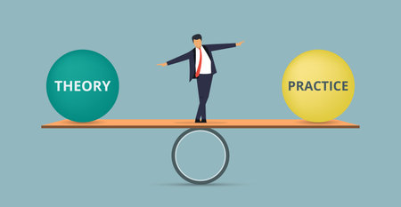 Theory and practice in balance. Businessman's balancing balls on scale that symbolize harmony and equity between Theory and practice that is good and beneficialのイラスト素材