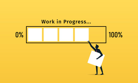 Work In Progress. A man puts last cube to the progress bar, yellow colored backgroundのイラスト素材