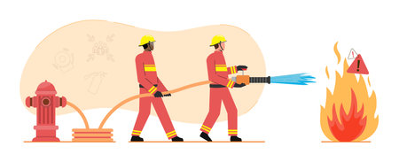 Firefighters extinguish a fire by using a hydrant pillar system from water sourceのイラスト素材