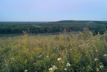 Morning pre-dawn scenery of the misty valley.の写真素材