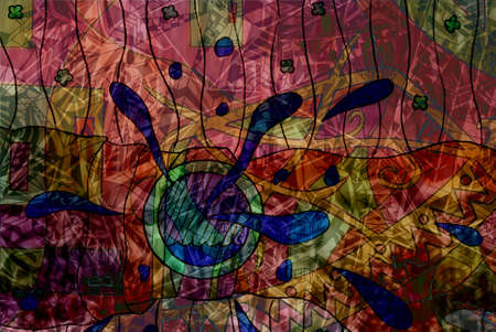 Drawing of a hand with a clock on an abstract background.の写真素材