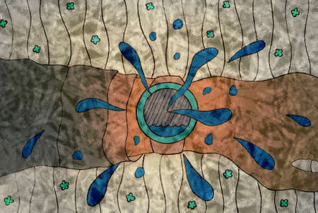 Drawing of a hand with a clock on an abstract background.の写真素材
