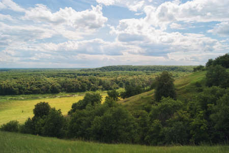 Fields and meadows in a hilly valley under a cloudy summer sky