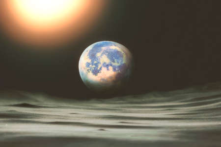 Collage on the theme: space view from the moon to the planet earth.の写真素材