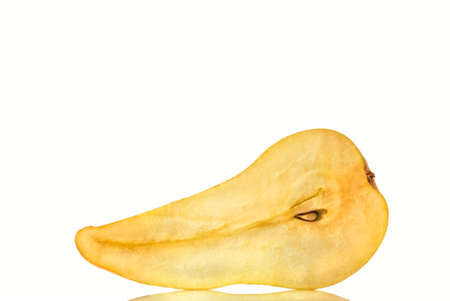 Cut along ripe juicy fresh pear, sliced fruit on isolated white background closeup.の写真素材