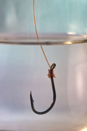 Big fishing hook tied on a fishing line submerged in water on light background close-up