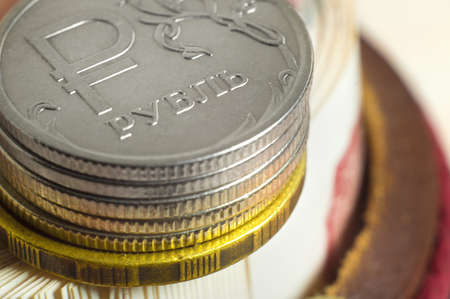 Business concept of rich, wealth, profit and finance. Background Russian rubles close-up. Stack of money coins.の写真素材