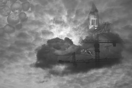 Abstract collage with clouds in the sky and ant.の写真素材