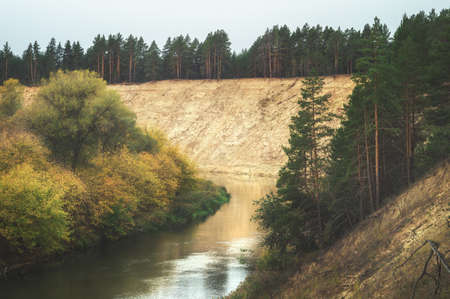 Scenic autumn winding valley Hoper river. Picturesque nature floodplain, sandy cliff edge background Aerial viewの写真素材