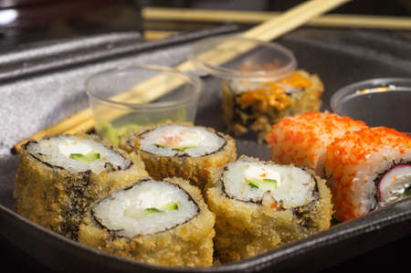 Sushi rolls traditional Japanese cuisine dish made from rice with seafoodの写真素材