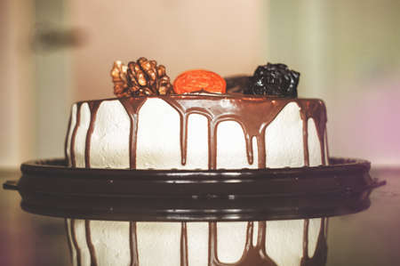 Sweet cake pie with nuts, walnuts, dried prunes and dried apricotsの写真素材