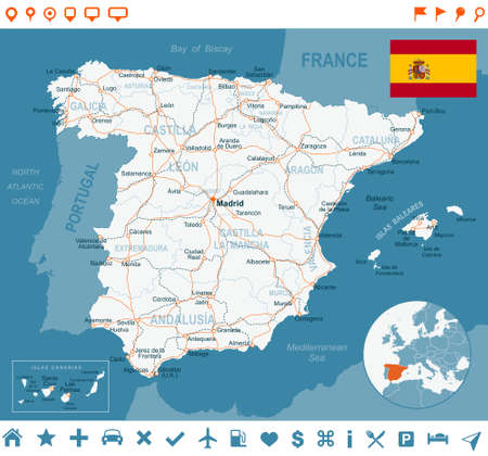Spain map and flag, navigation labels, roads -highly detailed vector illustration.のイラスト素材