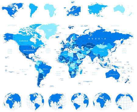 World Map, Globes, Continents - illustration. Highly detailed vector illustration of world map, globes and continents.のイラスト素材