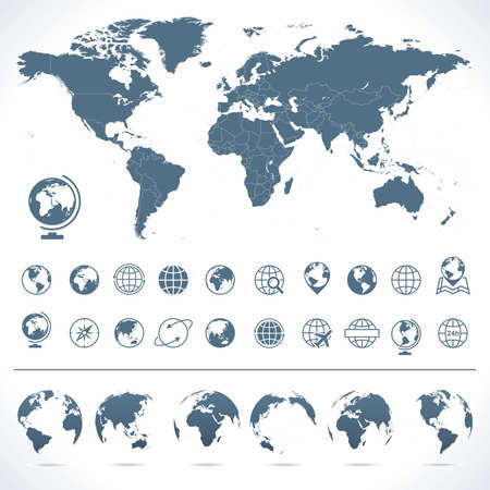 World Map, Globes Icons and Symbols - Illustration. Vector set of world map and globes.