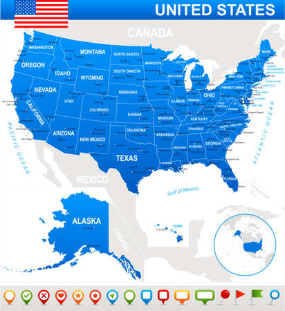 United States USA - map, flag and navigation icons - illustration. USA map and flag - highly detailed vector illustration.のイラスト素材