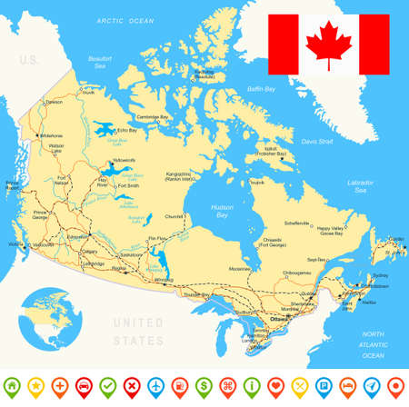 Canada map, flag, navigation icons, roads, rivers - illustration.のイラスト素材