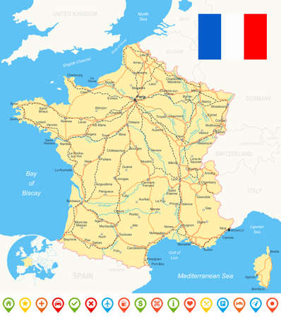 France map, flag, navigation icons, roads, rivers - illustration.のイラスト素材