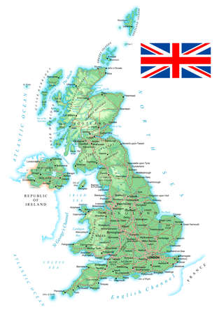 United Kingdom - detailed topographic map - illustration. Map contains topographic contours, country and land names, cities, water objects, flag, roads, railways.のイラスト素材