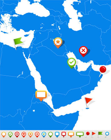 Vector illustration of Middle East and Asia map and navigation icons.のイラスト素材