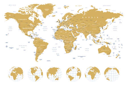 Golden World Map - borders, countries, cities and globes - illustrationのイラスト素材