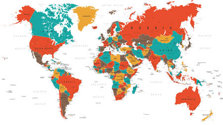 Green Red Yellow Brown World Map - borders, countries and cities - illustrationのイラスト素材