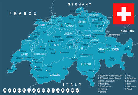 Switzerland map and flag - highly detailed vector illustrationのイラスト素材