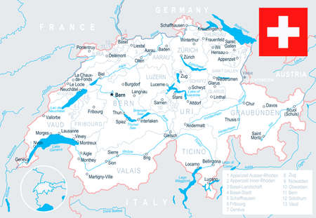 Switzerland map and flag - highly detailed vector illustrationのイラスト素材