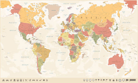 Vintage World Map and Markers - Detailed Vector Illustrationのイラスト素材